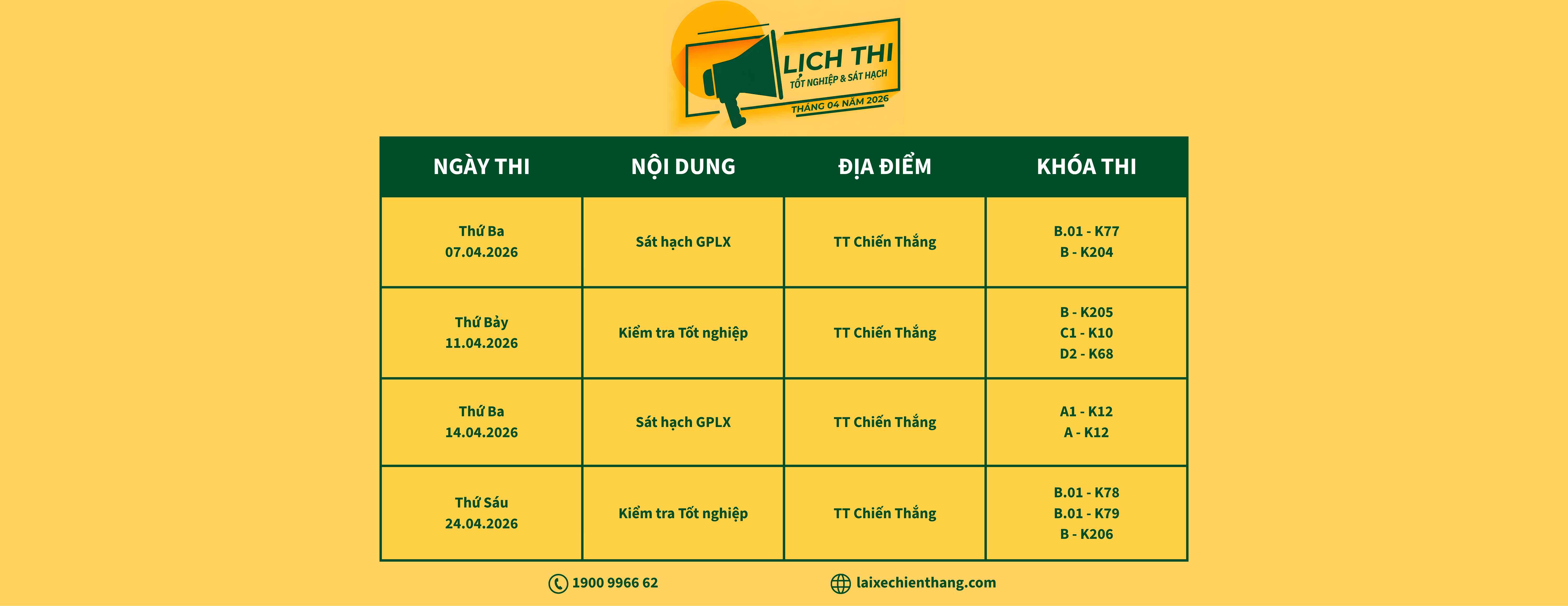LỊCH THI TỐT NGHIỆP VÀ SÁT HẠCH TẠI LÁI XE CHIẾN THẮNG